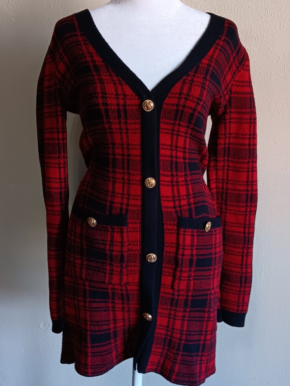 Red Black Plaid V-Neck Slip On Small Preppy Academia Knit Midi Sweater Dress